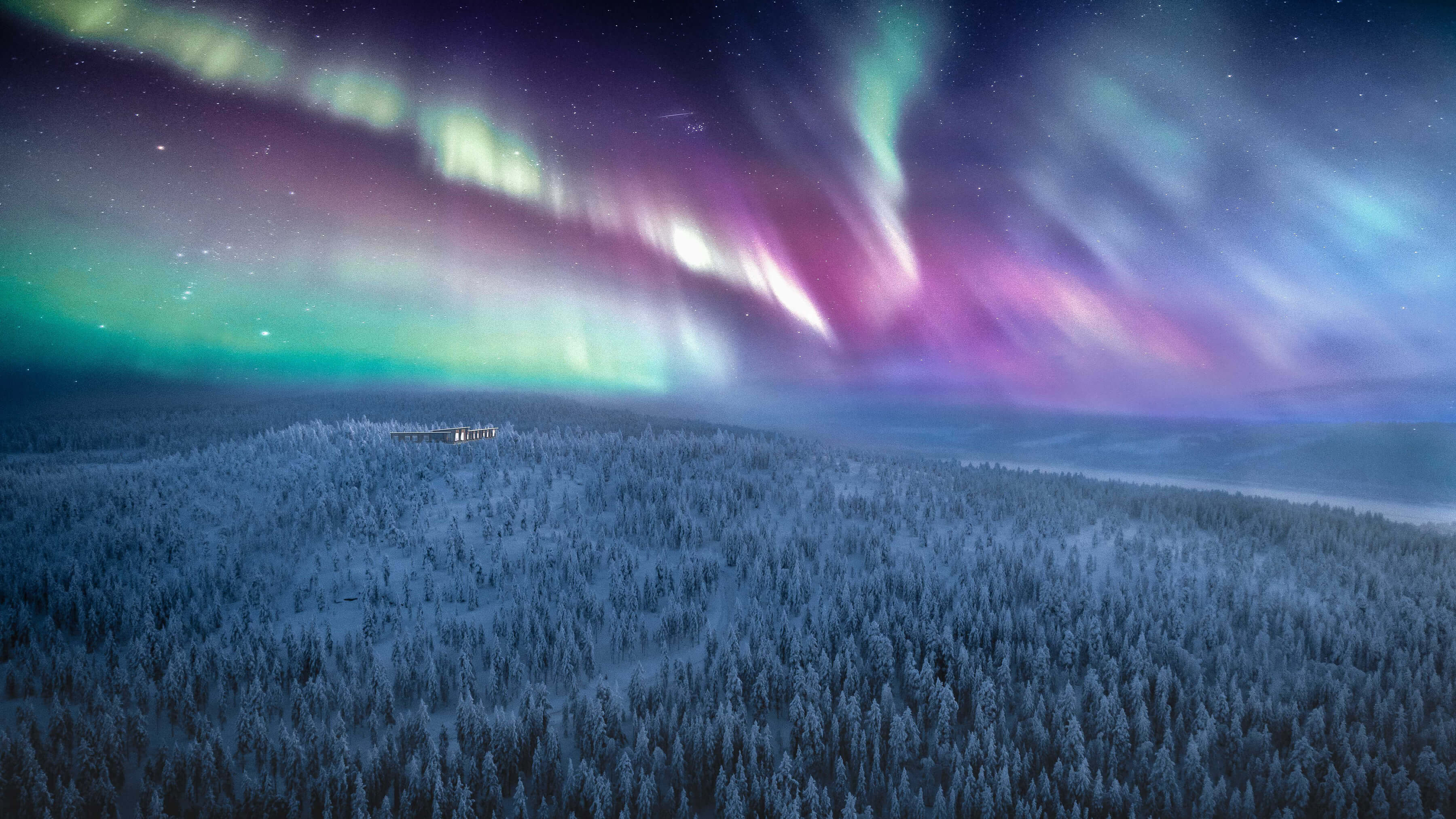 Octola Private Wilderness Lodge luxury family hotel in Finnish Lapland with snow covered Arctic forest and Northern Lights
